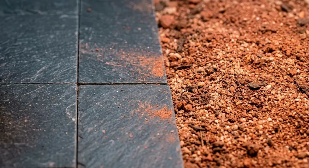 Side-by-side comparison of unglazed ceramic slate tile and Australian desert soil substrate for bearded dragons
