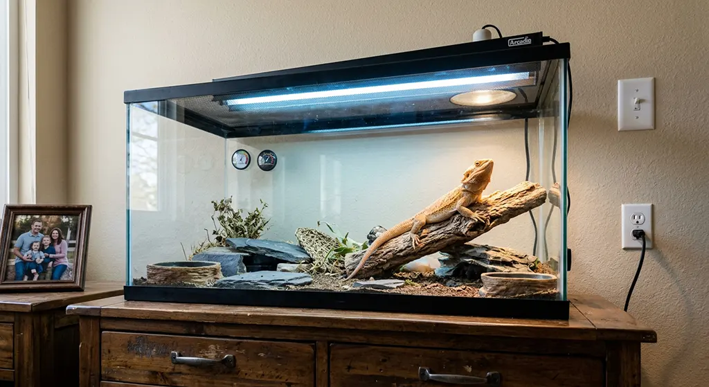 Real-life view of a bearded dragon enclosure showing proper linear T5 UVB tube light fixture placement.