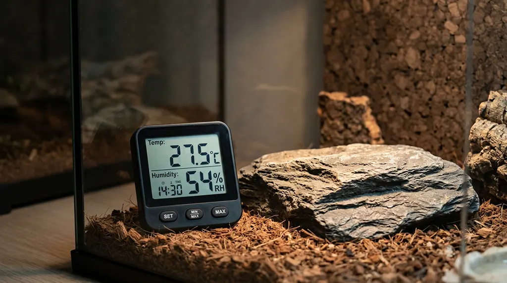A modern digital reptile thermometer and hygrometer next to a slate basking rock inside a terrarium.