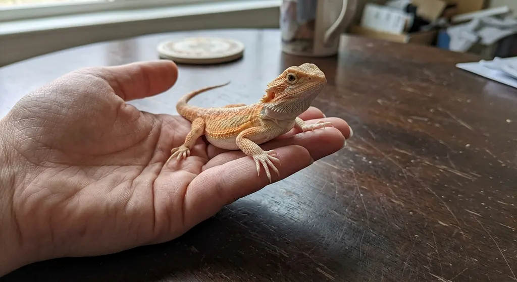 Close-up smartphone photo showing clear pinkish nails of a hypo bearded dragon resting on a human hand.