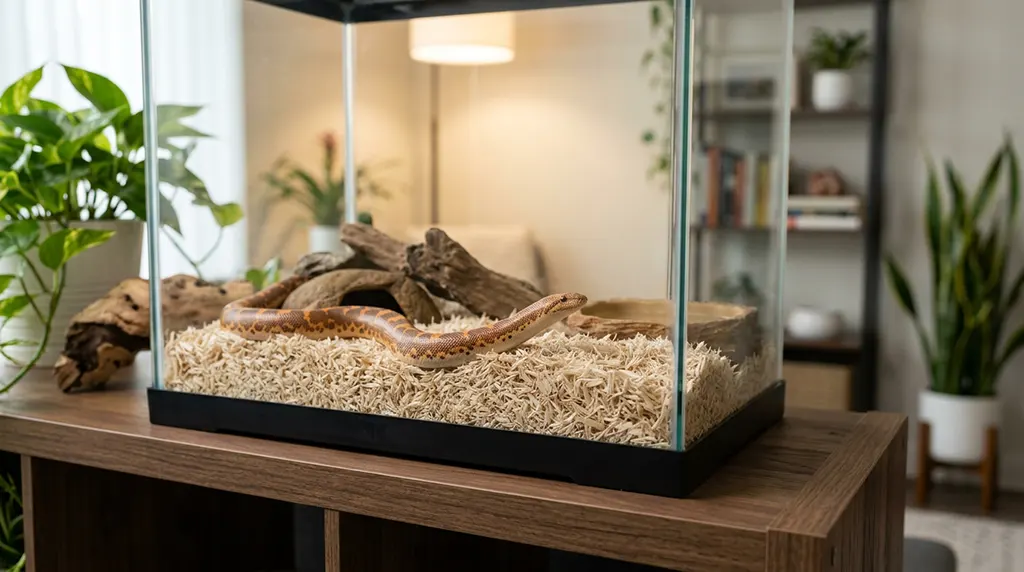 Adult Kenyan sand boa resting on clean substrate inside a secure glass terrarium in a modern apartment setup.