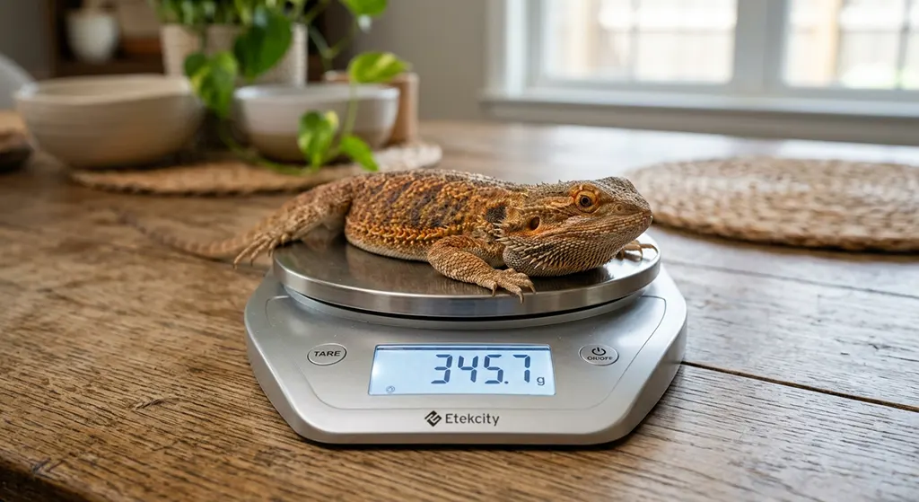 An adult bearded dragon sitting on a silver digital kitchen scale for brumation weight monitoring.