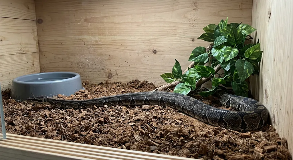 Casual smartphone photo of an adult ball python stretching out inside a large spacious wooden enclosure.