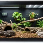 Professional clean setup of a 4x2x2 PVC ball python terrarium featuring proper hides, digital thermometer, and substrate.
