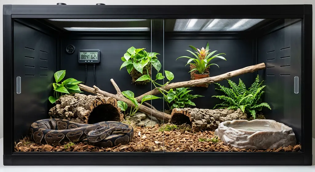 Professional clean setup of a 4x2x2 PVC ball python terrarium featuring proper hides, digital thermometer, and substrate.