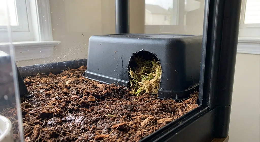 Casual mobile phone photo of a reptile tank corner showing damp coconut husk substrate and a humid hide box.