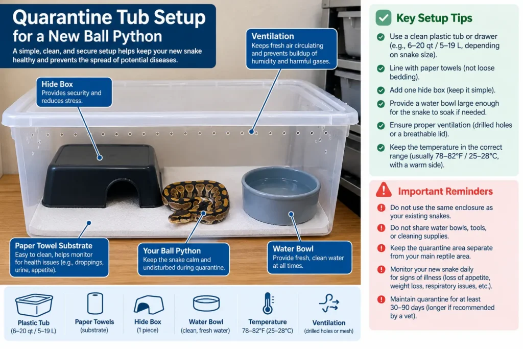 A clean plastic quarantine tub setup for a new ball python with paper towel substrate.
