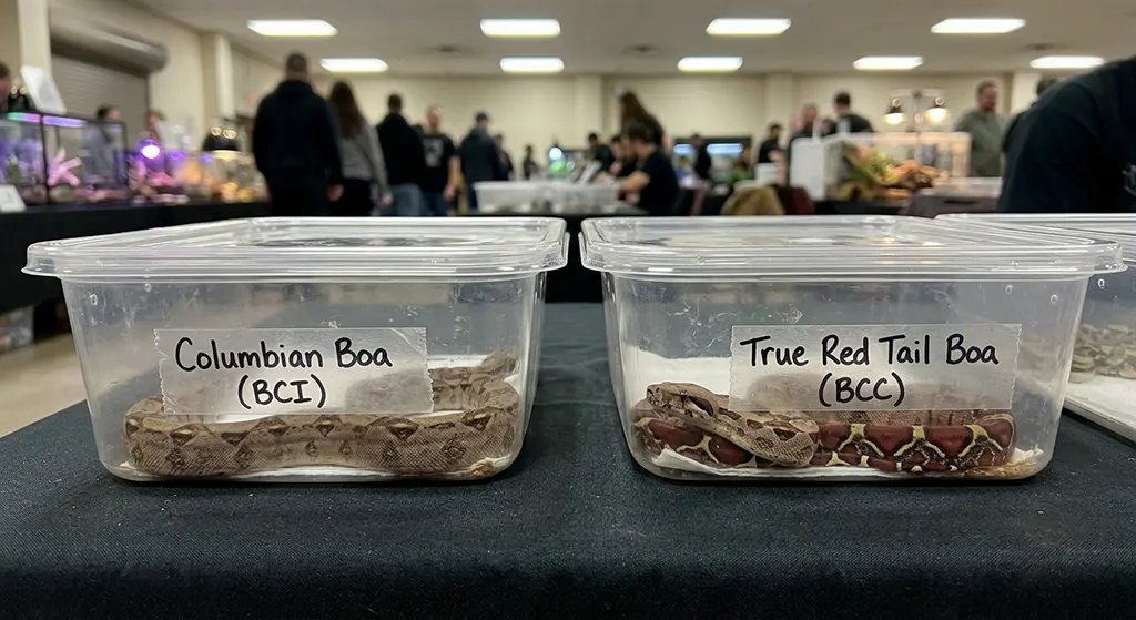 Smartphone photo comparing two young boas showing tail pattern and color differences at a US reptile show.