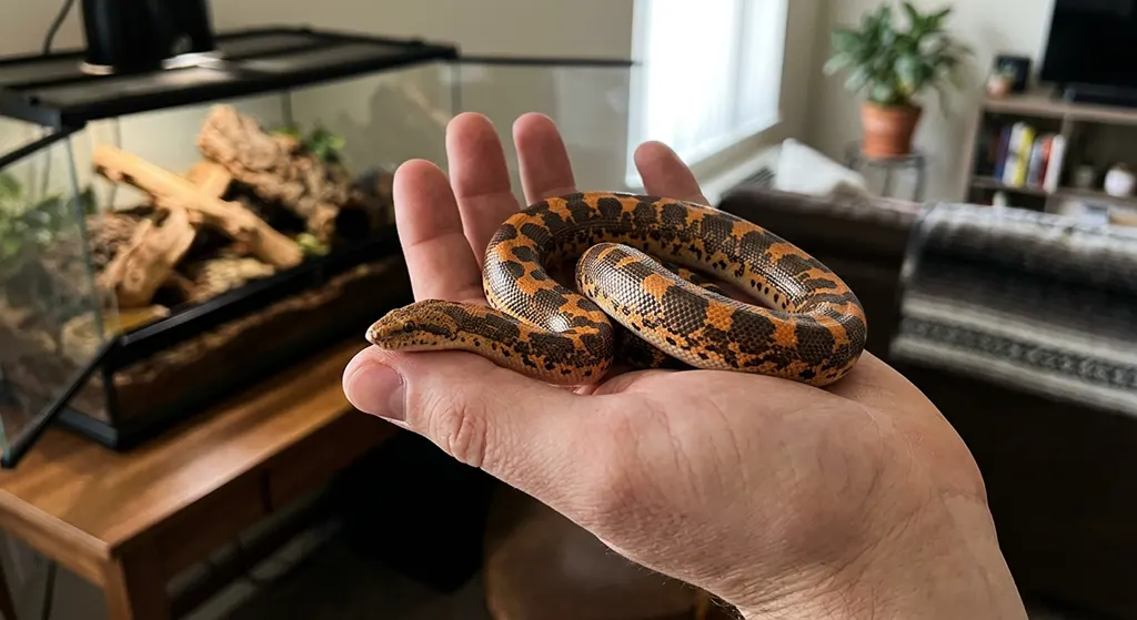 Casual smartphone photo of an adult male Kenyan Sand Boa held safely in a person's open palm to demonstrate its small size.