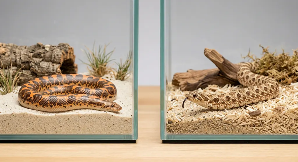Side by side desktop setup showing a Kenyan Sand Boa and a Western Hognose snake in separate clean enclosures for size and appearance comparison.