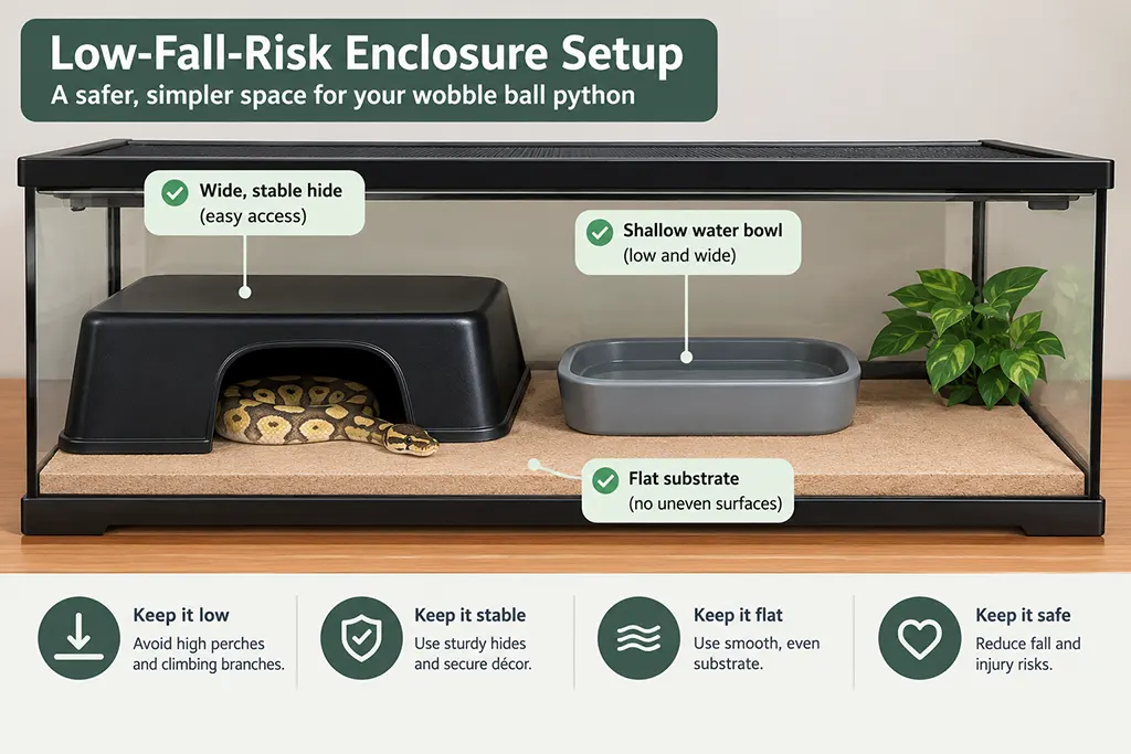 Infographic diagram showing a low-fall-risk enclosure setup for a wobble ball python with wide hide and shallow water bowl