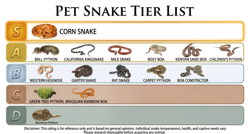 Pet snake tier list infographic ranking captive-bred species from S to D tier by overall suitability and care