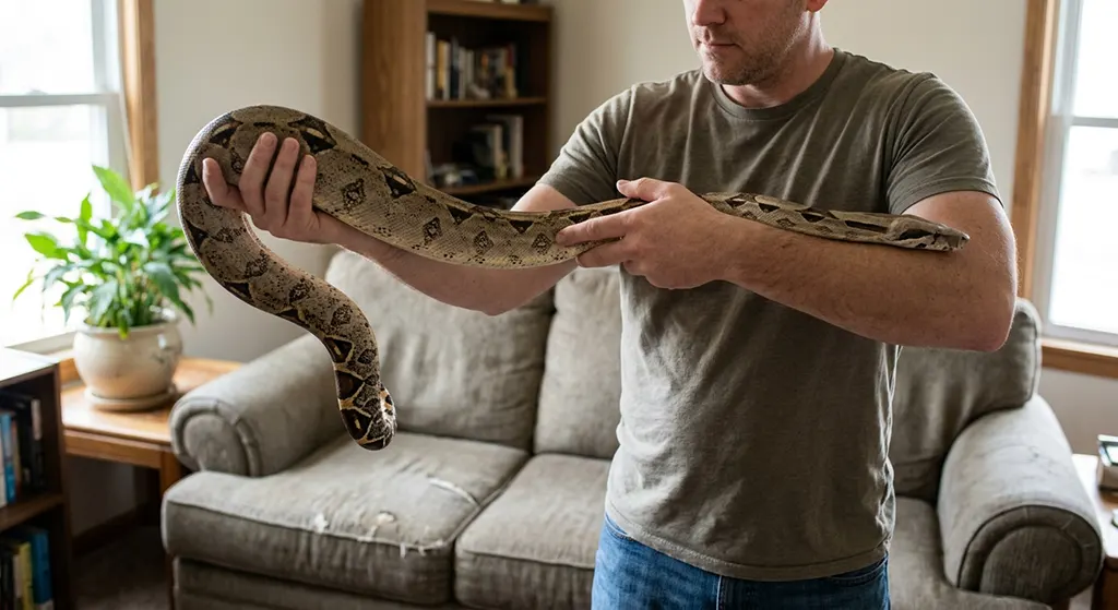 Real-life smartphone photo of a reptile owner safely supporting a 6-foot adult boa constrictor with both hands.